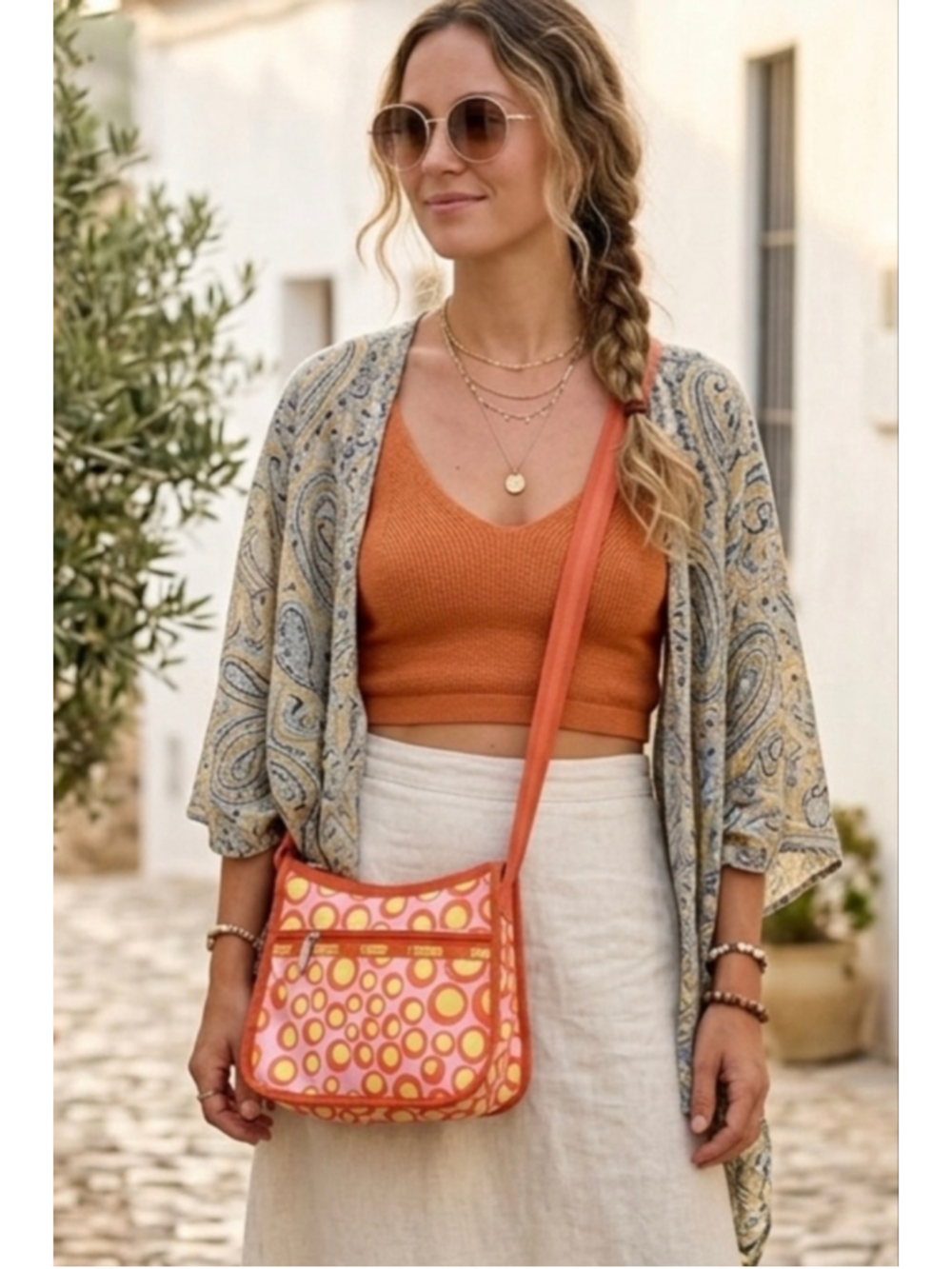 LeSportsac Geometric Mod Circle Crossbody Bag Pink Orange Yellow Y2K Boho Small